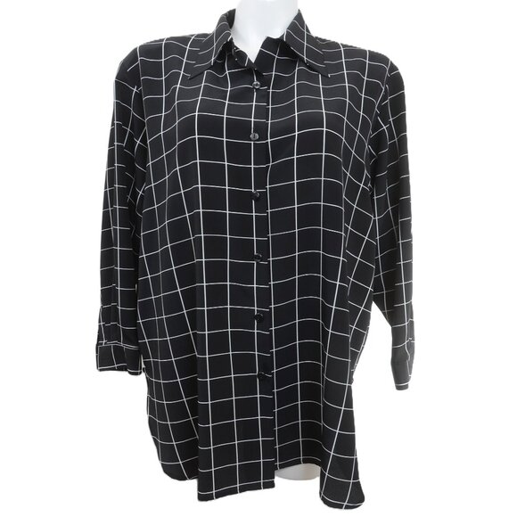 Vtg Women's PLUS Size 14/16 Window Pane-Plaid Tunic Button Up 3/4 Sleeve Shirt - Picture 1 of 8